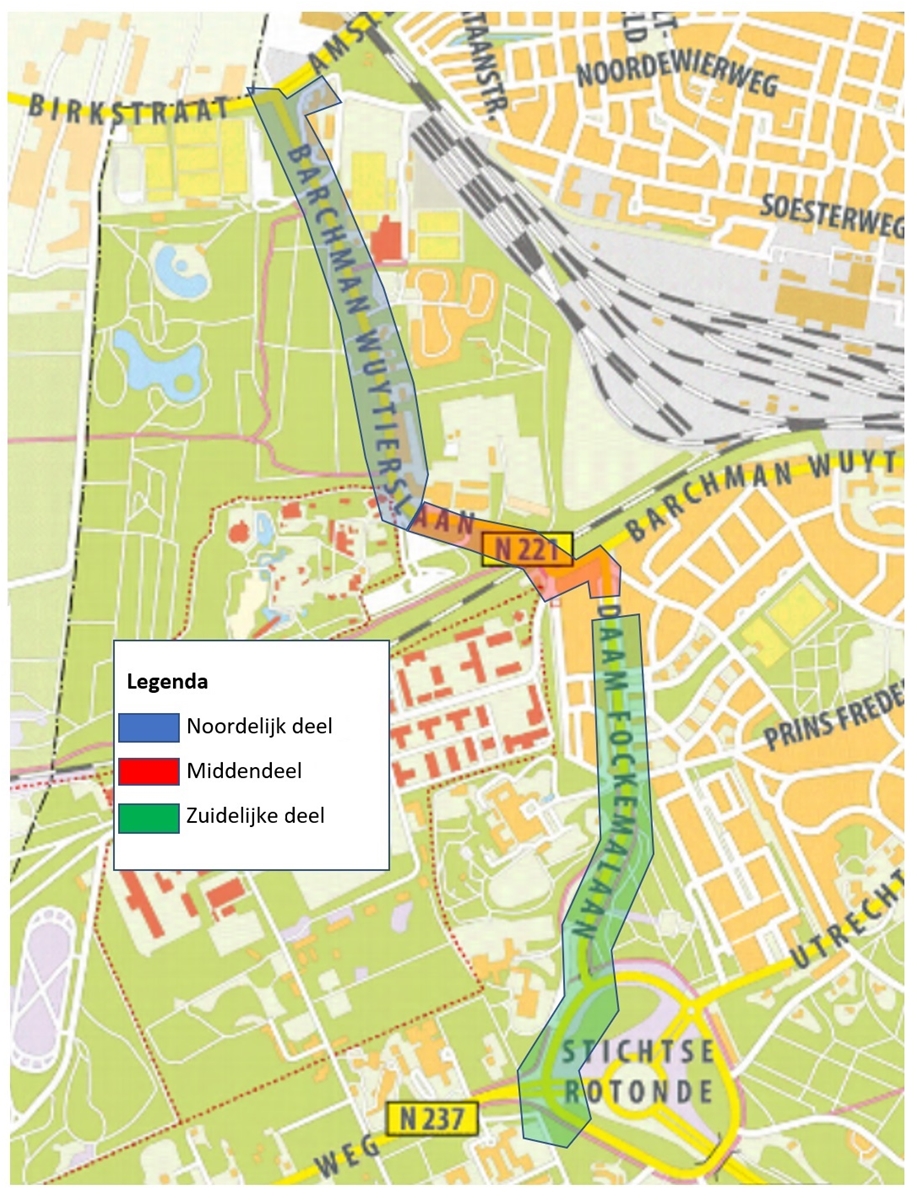 Kaart met fietsroute vanaf kruispunt Birkhoven naar de Stichtse Rotonde in Amersfoort